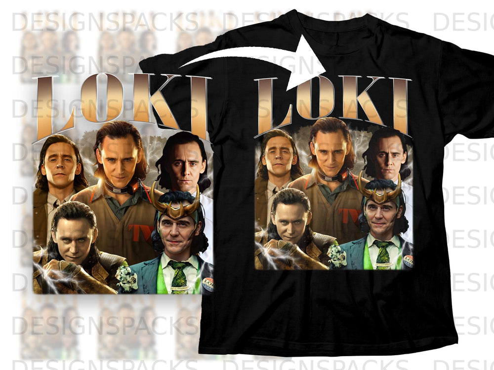 Black t-shirt with "LOKI" text and multiple images of the character Loki.
