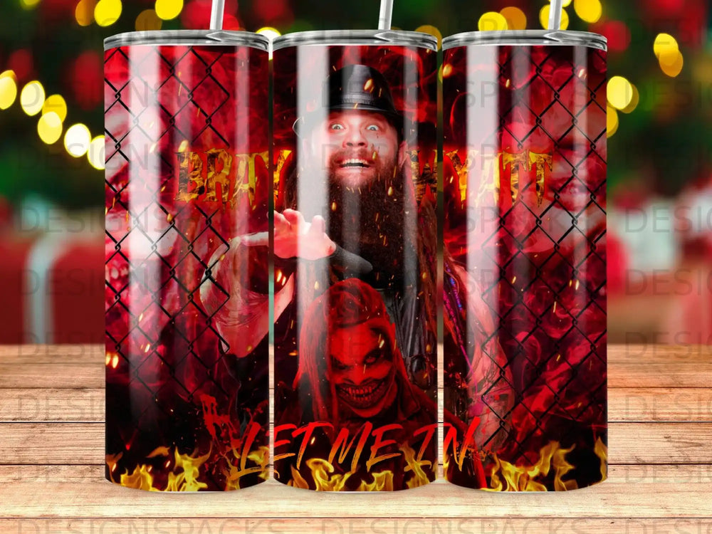 Wrestler Bray Wyatt in fire and chains, "Let Me In" text.