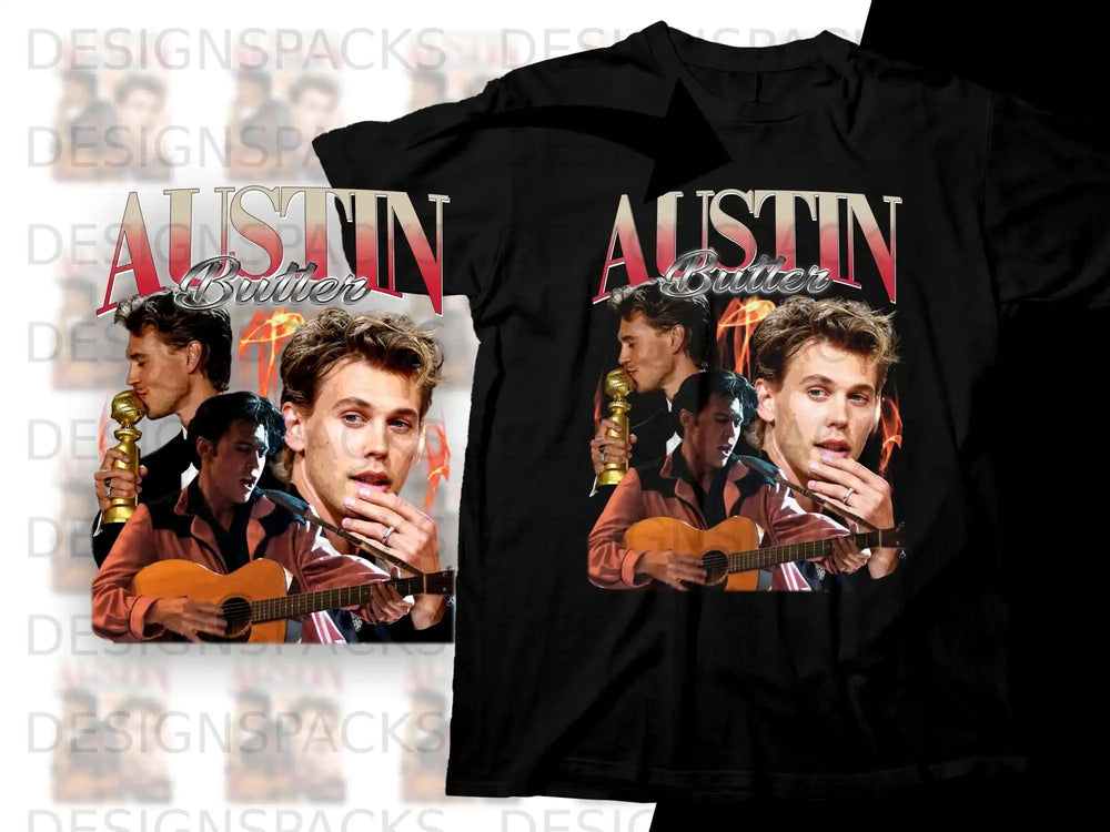 Austin Butler t-shirt featuring him with a guitar and a microphone.