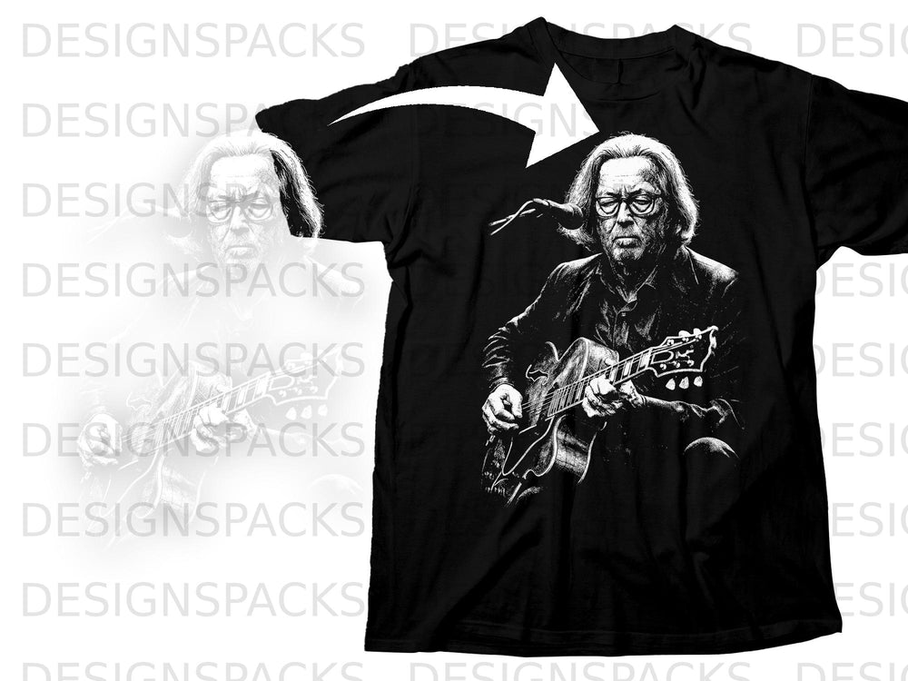 Black t-shirt with a black and white graphic of Eric Clapton playing a guitar.