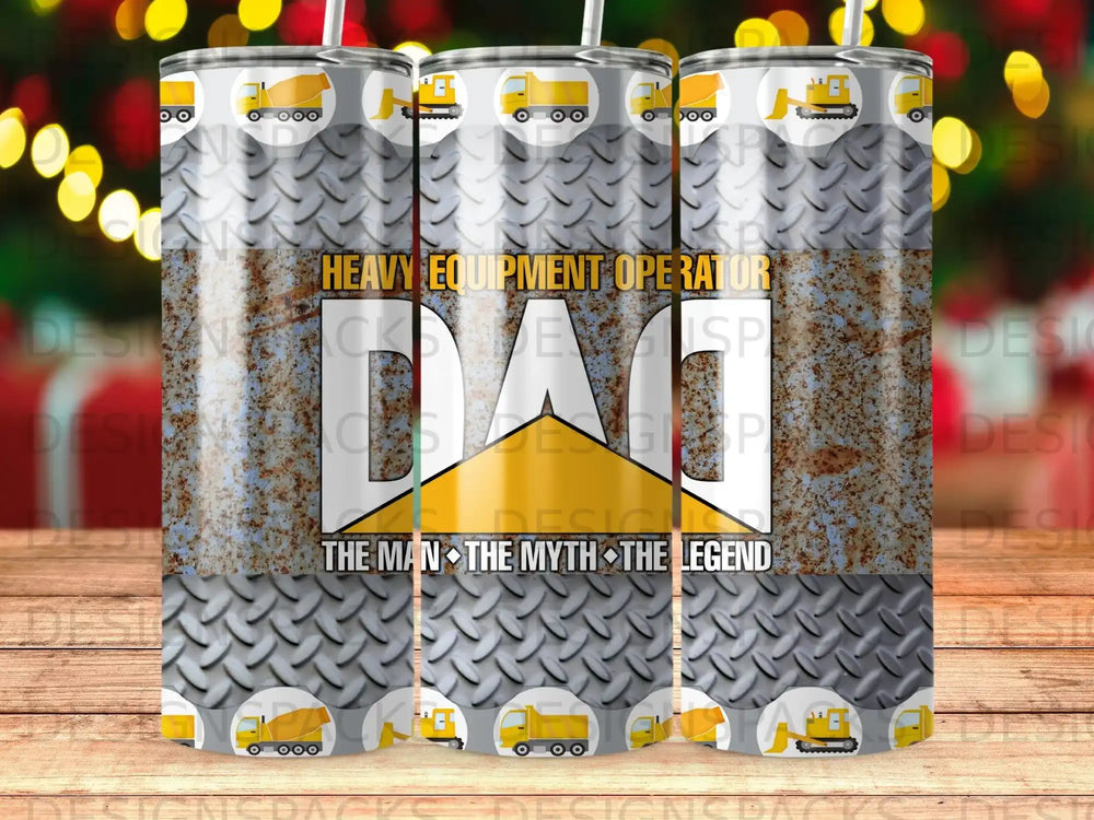 Heavy equipment operator Dad's myth legend tumbler with yellow excavators.