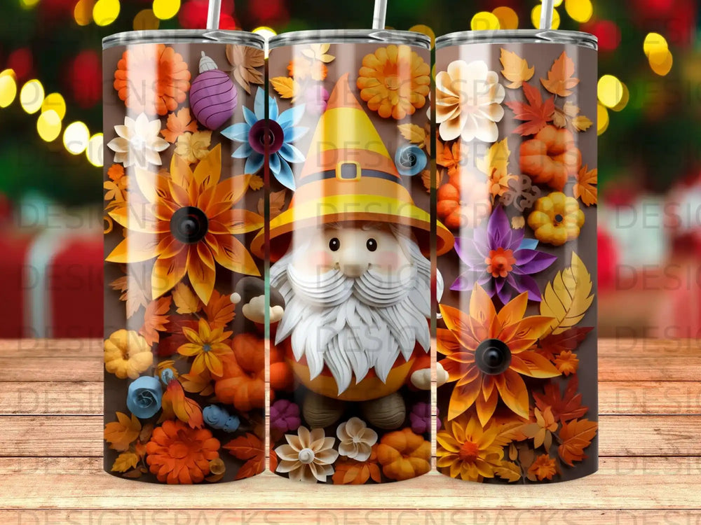 Gnome wearing a witch hat surrounded by fall leaves, pumpkins, and flowers.