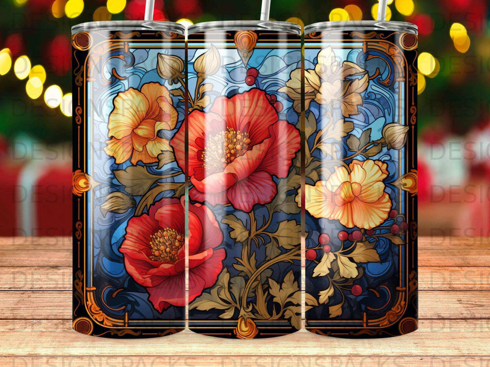 Floral stained glass pattern with red and orange poppies and berries.