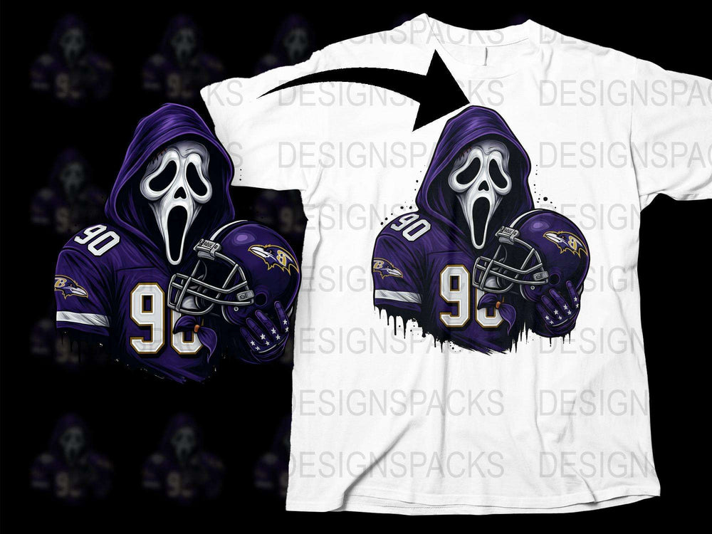 Scream Mask Graphic T-Shirt, Horror Movie Fan Tee, Purple Football Helmet Design, Unisex Casual Shirt