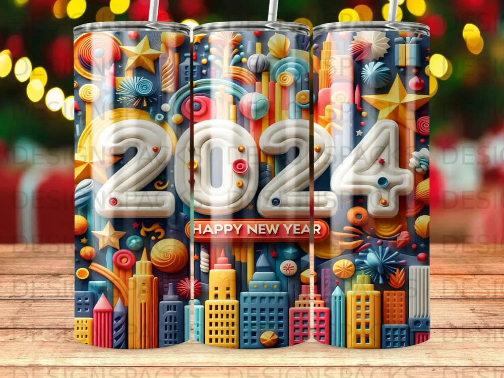 2024 "Happy New Year" design with colorful cityscape and festive elements.