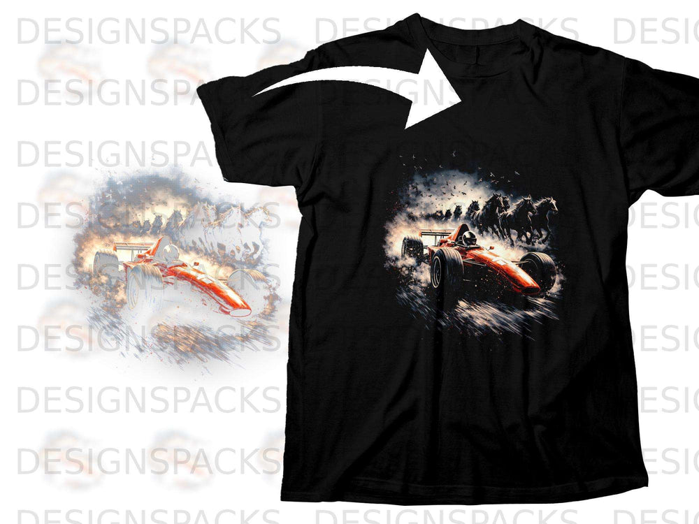 Black t-shirt with graphic of a red race car with running horses.
