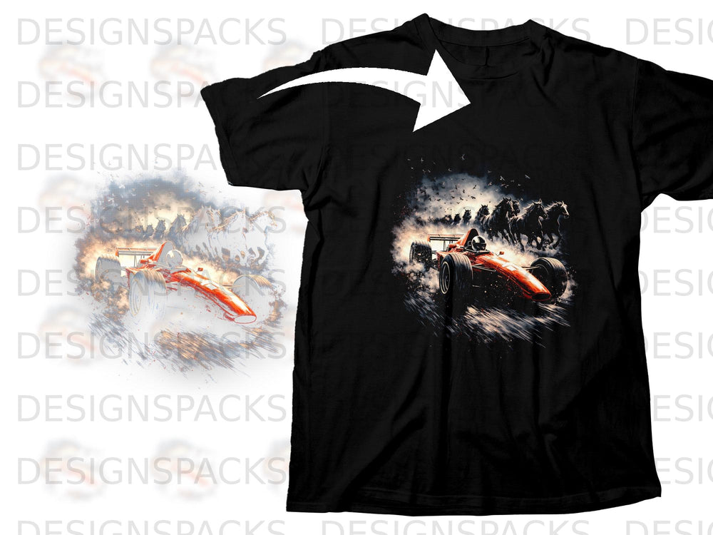 Black t-shirt with graphic of a red race car with running horses.