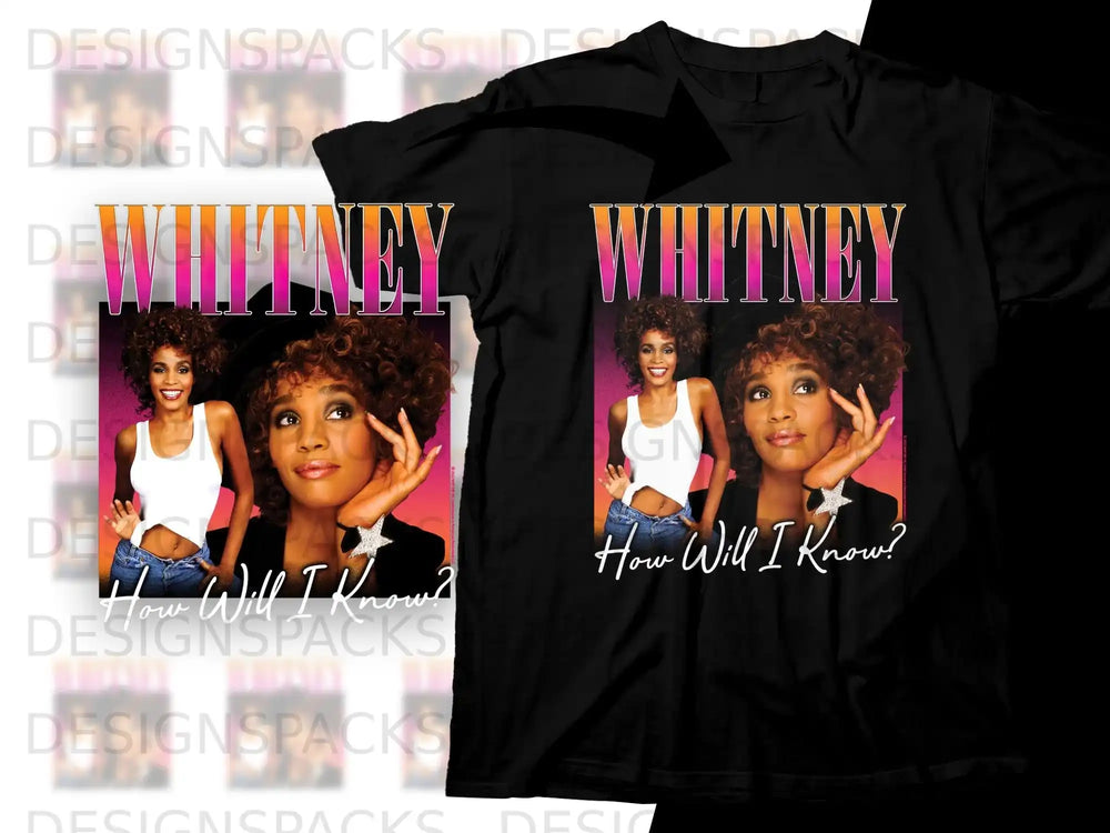 Whitney Houston "How Will I Know?" album cover graphic on black t-shirt.
