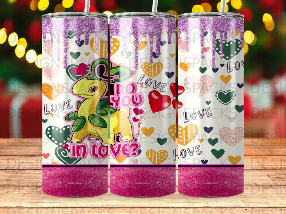 Pink glitter tumbler with a Pokémon and hearts, "Do you love, in love?" text.