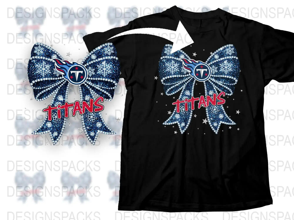 Tennessee Titans T-Shirt, Rhinestone Bow Design, Sparkly Football Team Fan Apparel, Stylish Game Day Shirt