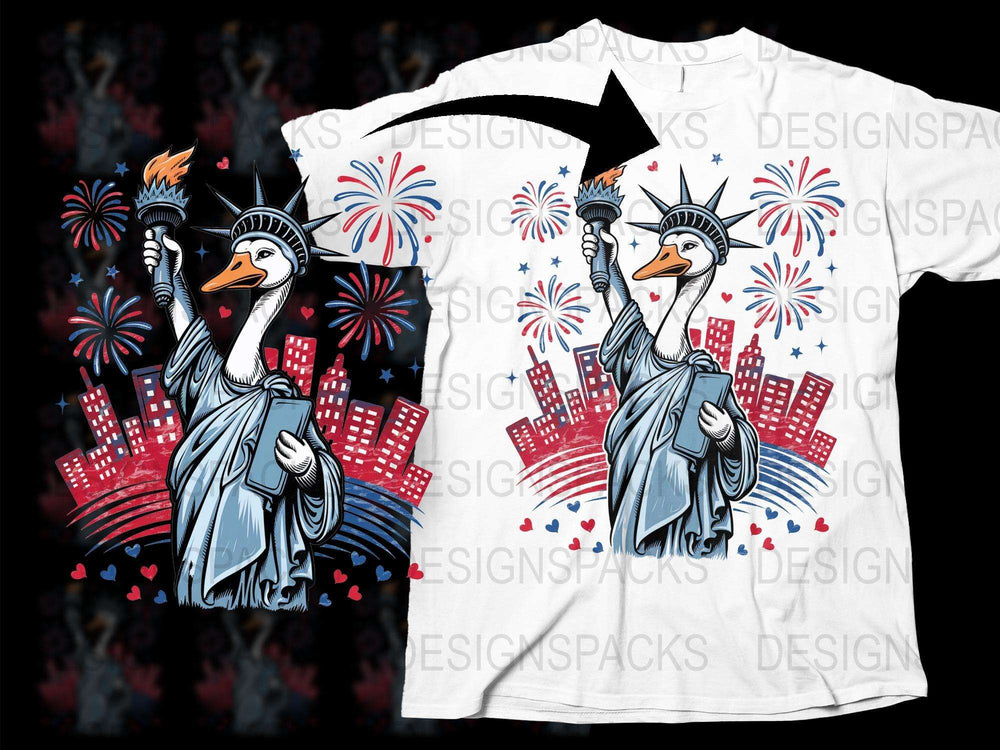 Patriotic Penguin Statue of Liberty Fireworks Graphic T-Shirt, USA Independence Day Celebration Tee, Unique July 4th Apparel