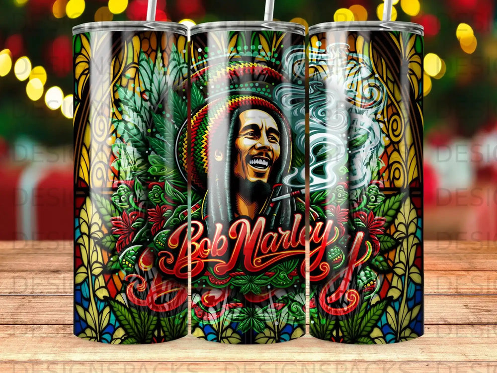 Bob Marley portrait with stained glass and smoke design.