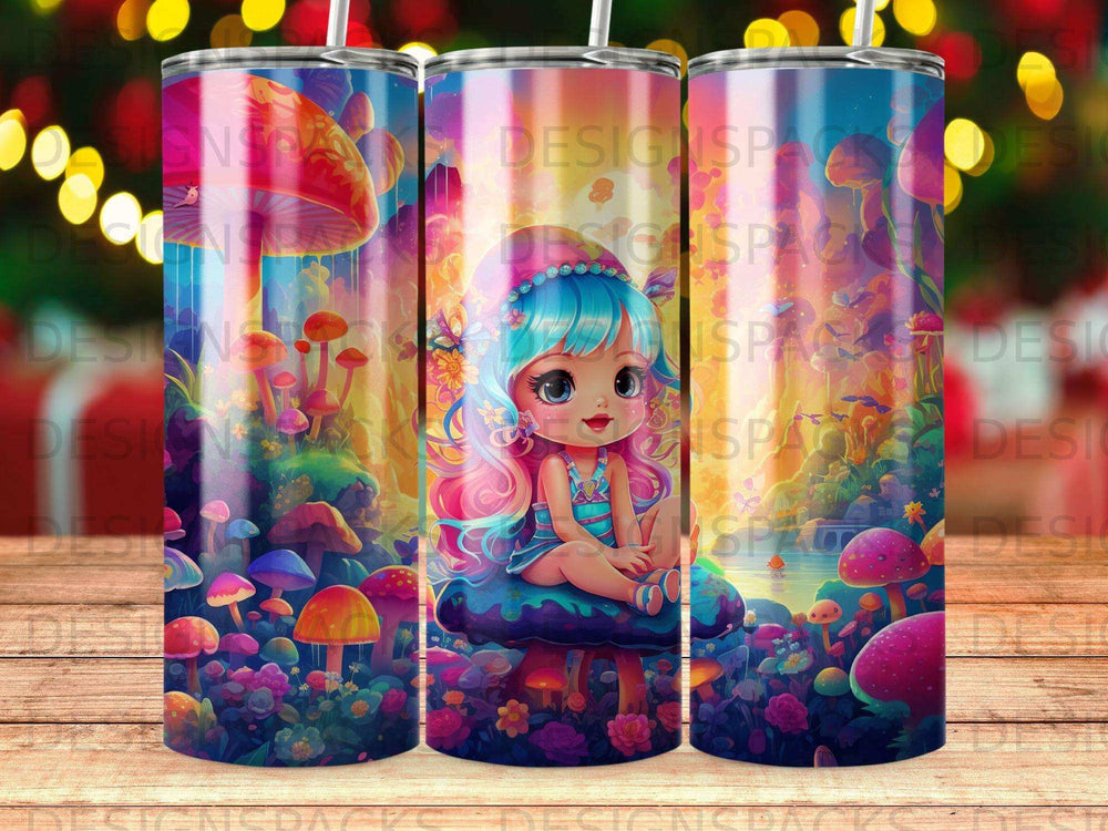 Cute cartoon girl sitting on a mushroom among colorful, whimsical mushrooms and plants.