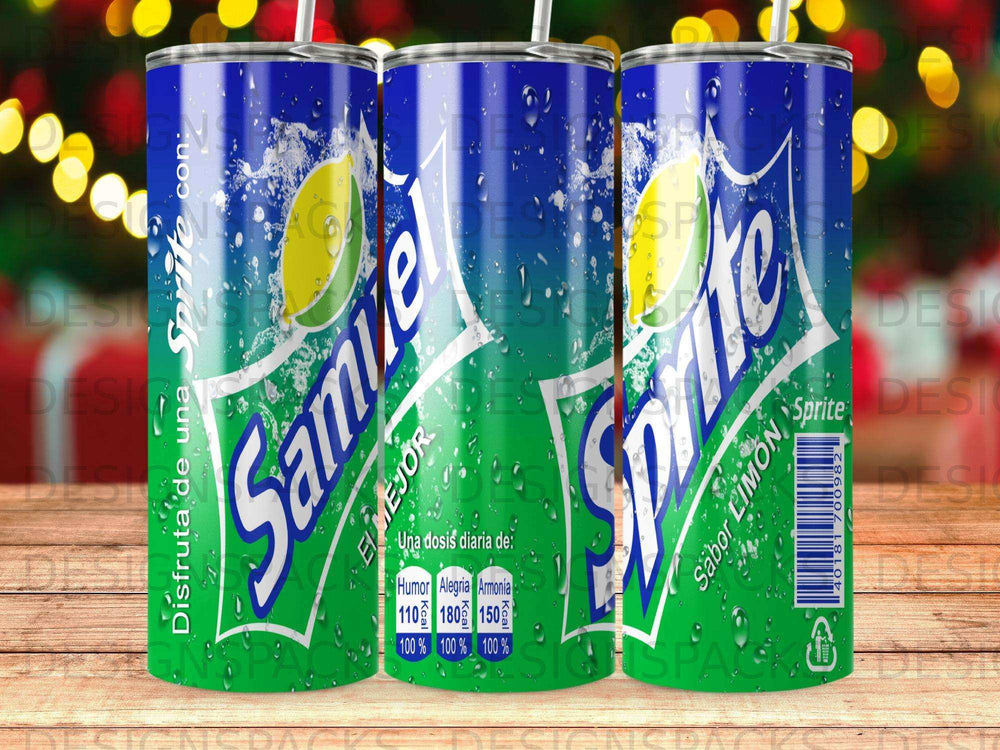 Sprite lemon flavored soda cans with nutritional information and Spanish text.