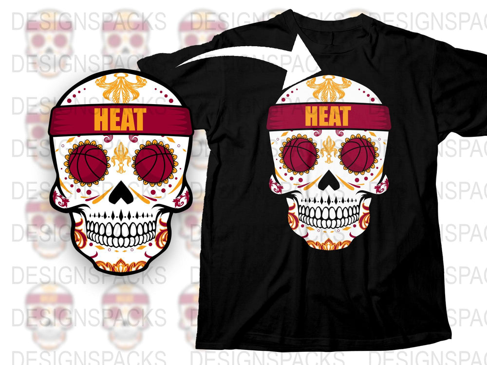 Miami Heat Inspired Skull T-Shirt, Vibrant Red and Yellow Design, Unisex Basketball Fan Apparel