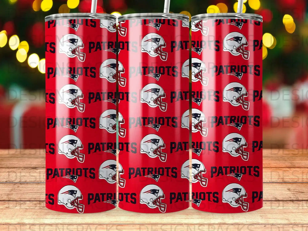 New England Patriots logo repeated on a red tumbler.