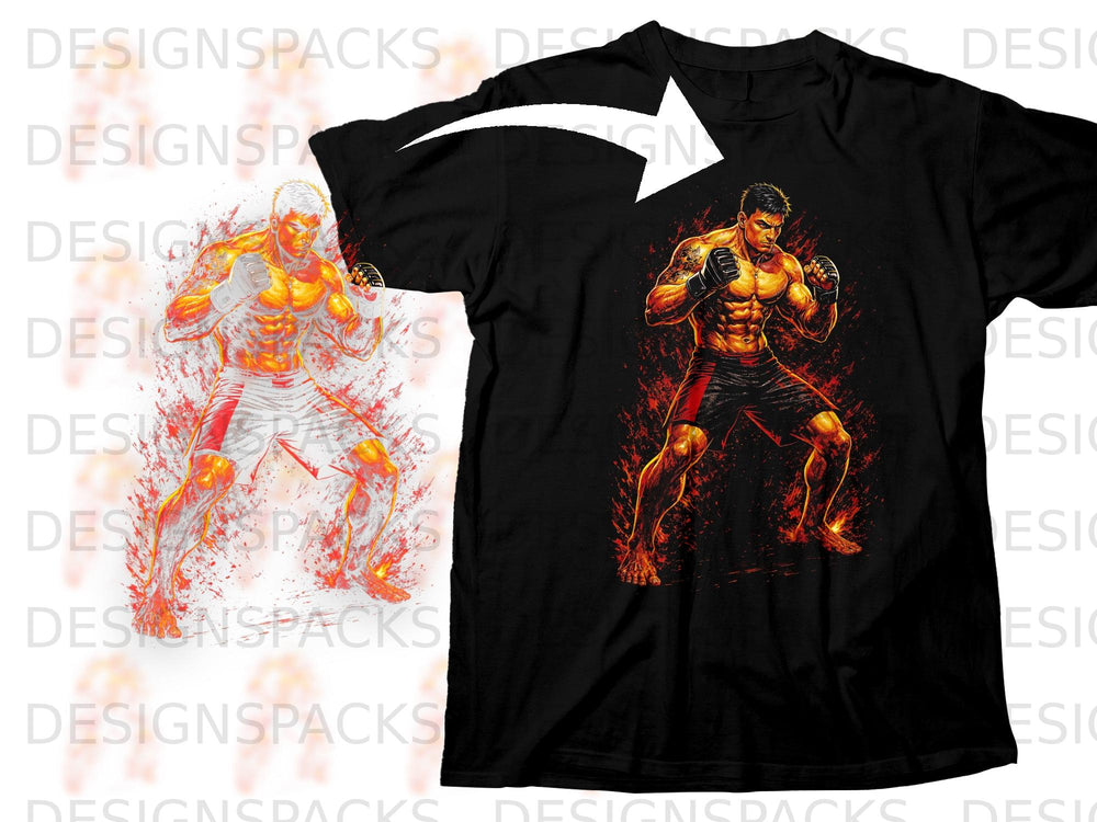 Black t-shirt with a graphic of a muscular fighter with fists raised.
