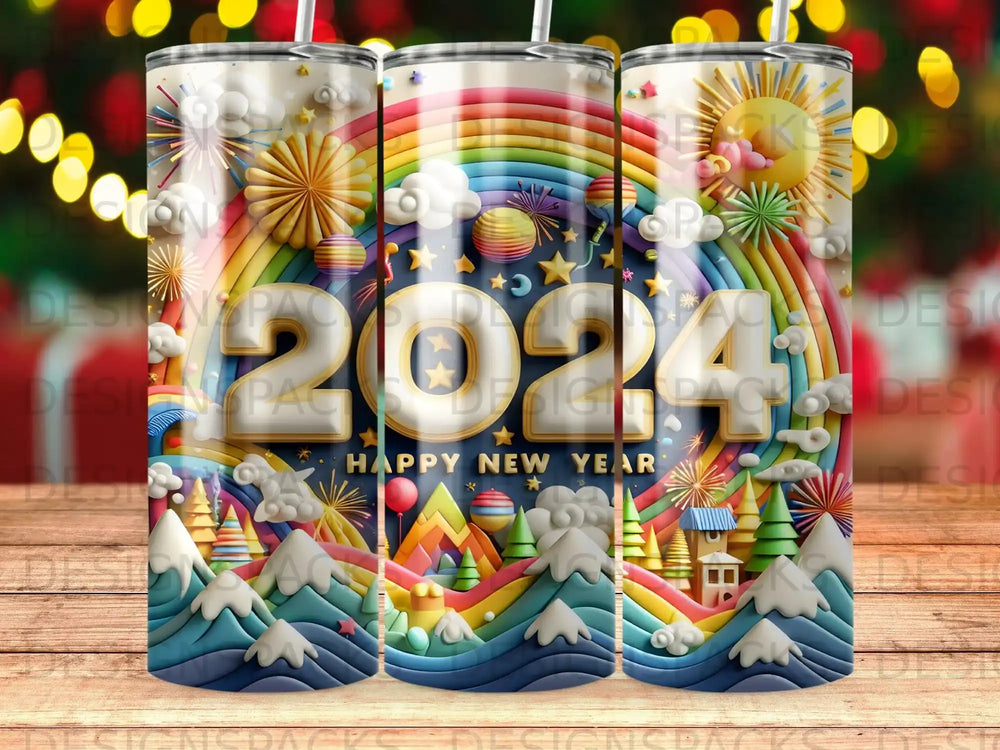 2024 Happy New Year tumbler with colorful rainbow, mountains, and fireworks.