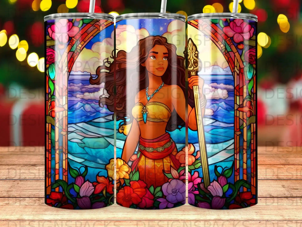 Stained glass illustration of a woman in a yellow bikini holding a staff, with a coastal scene behind her.
