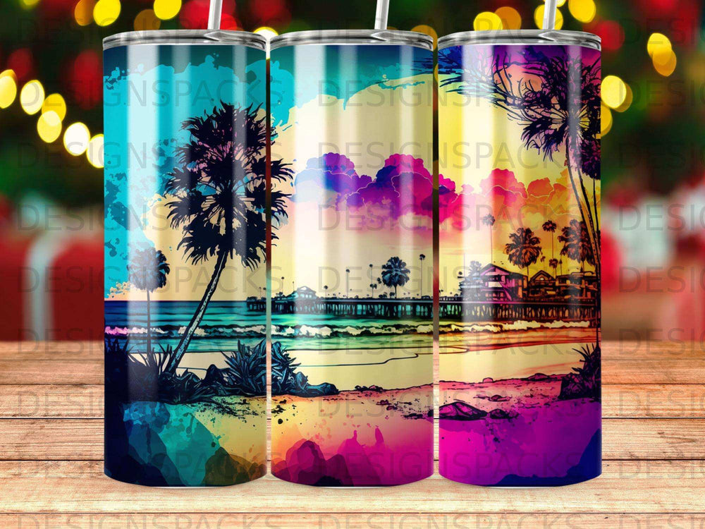 Colorful beach sunset scene with palm trees and pier on a tumbler.