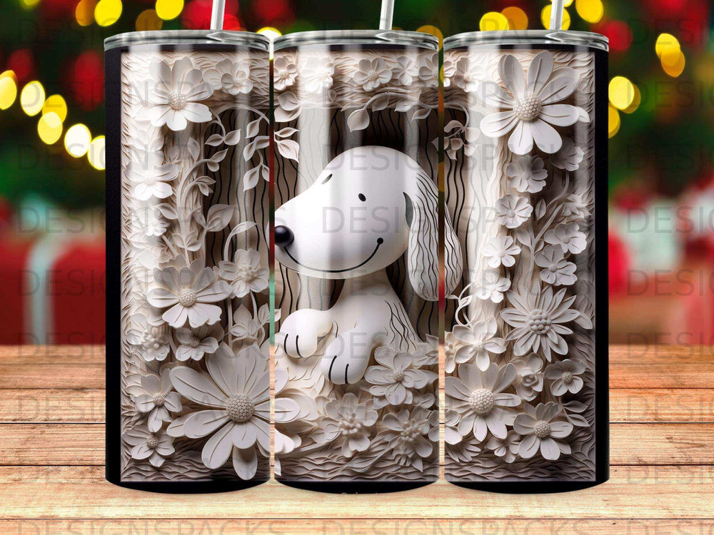 Snoopy tumbler with floral and woodgrain pattern.