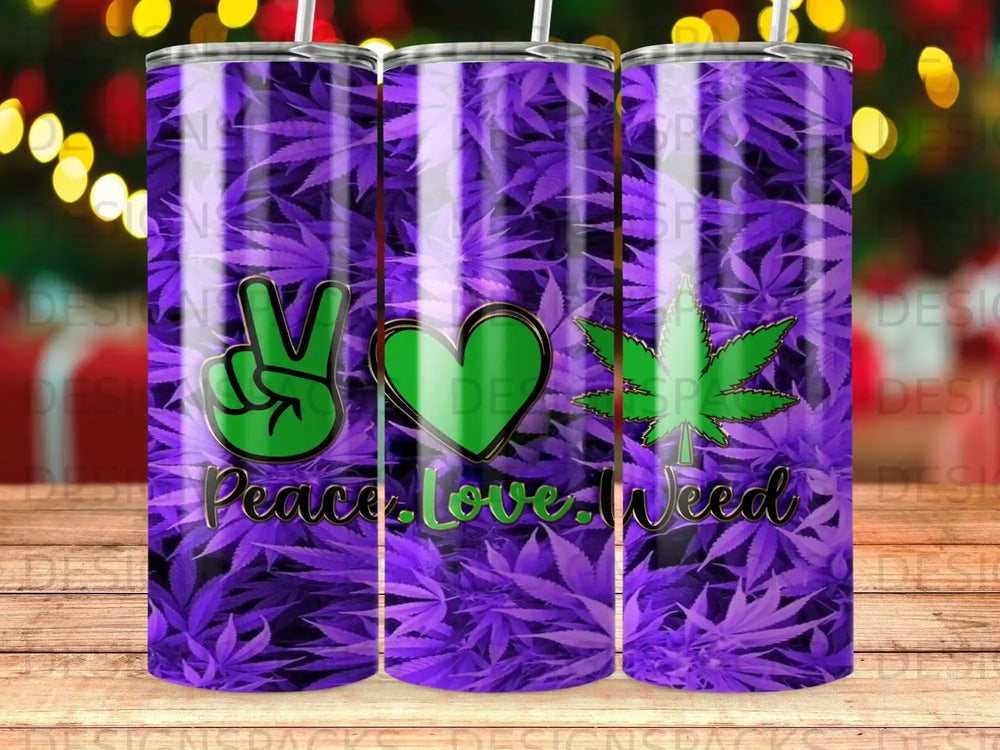 Tumbler with purple cannabis leaf pattern, peace sign, heart, and "Peace. Love. Weed."