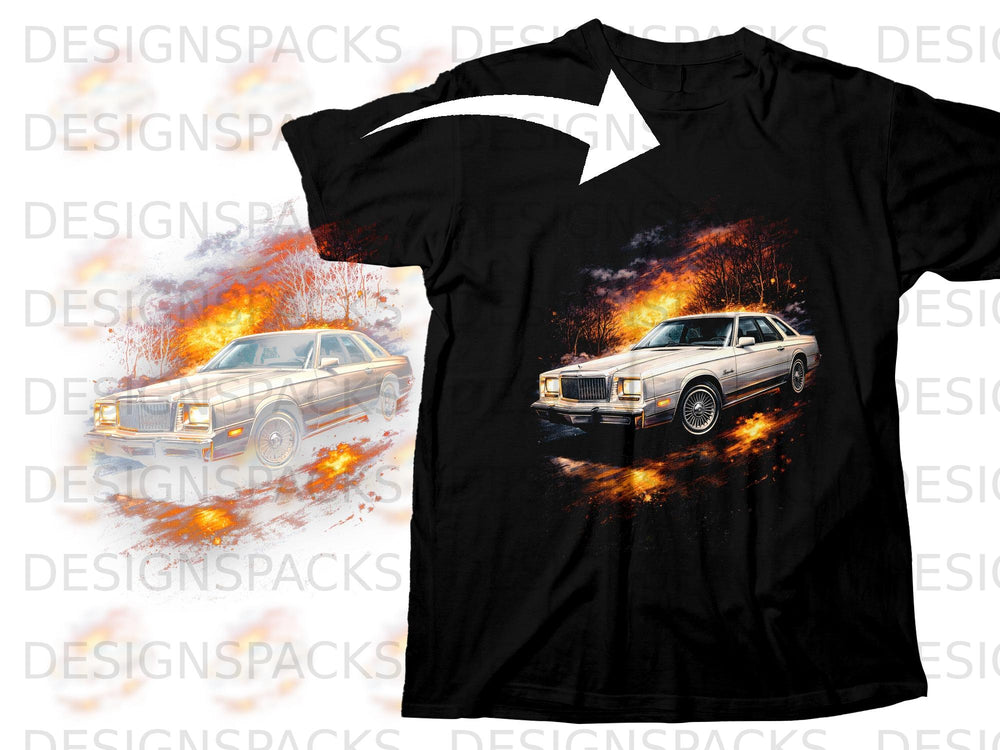 Black t-shirt with a white car graphic surrounded by flames and trees.
