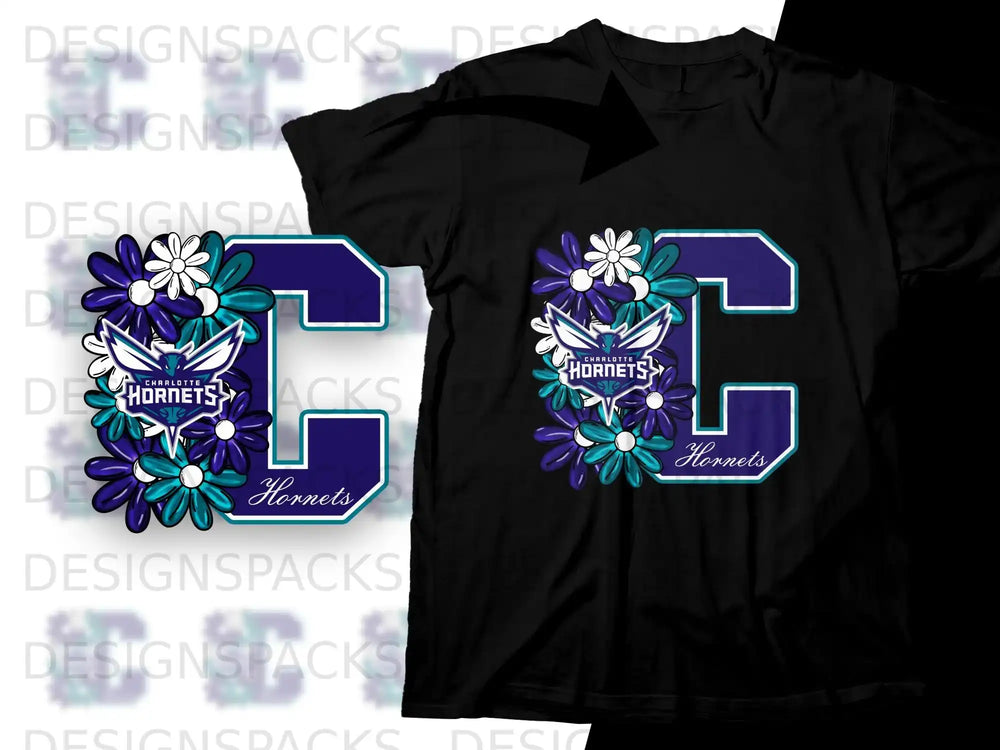 Black t-shirt with Charlotte Hornets logo featuring a large "C" and flowers.