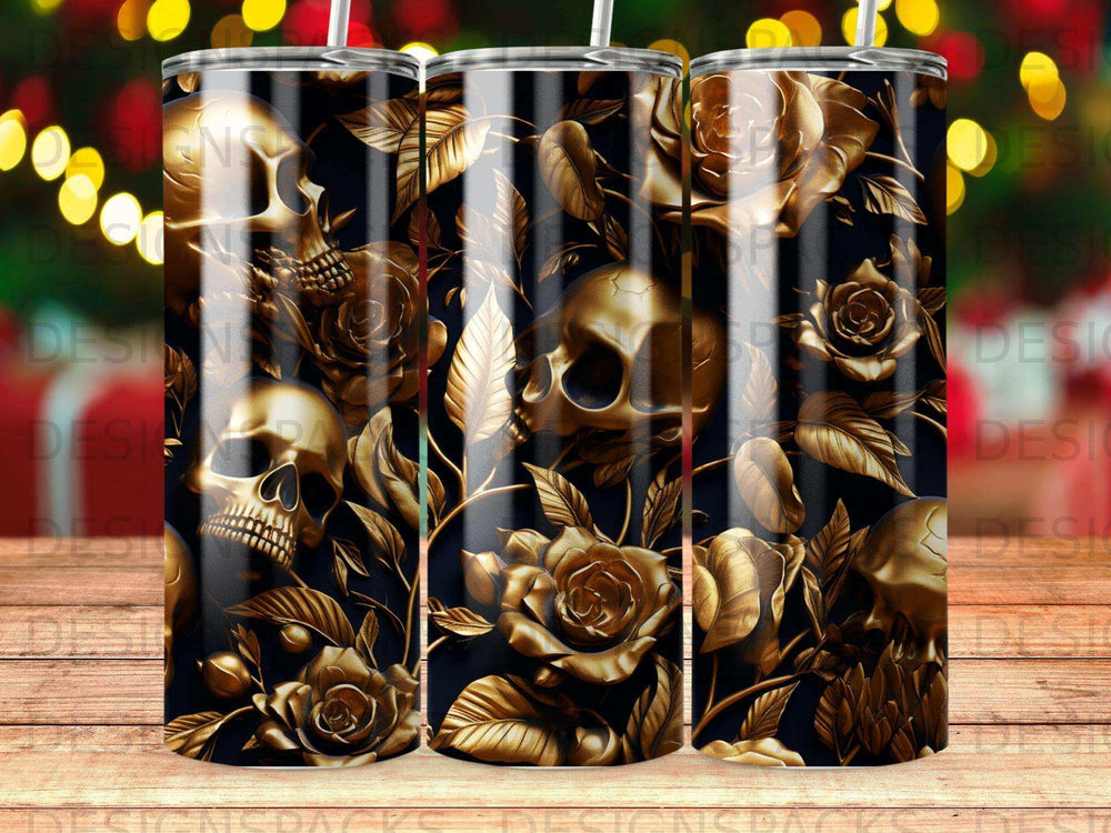 Gold skulls and roses on a dark background tumbler.
