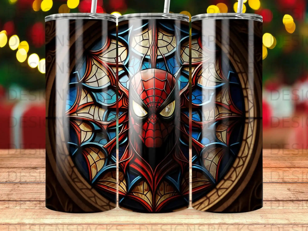 Spiderman mask on a stained glass window background with bokeh lights.