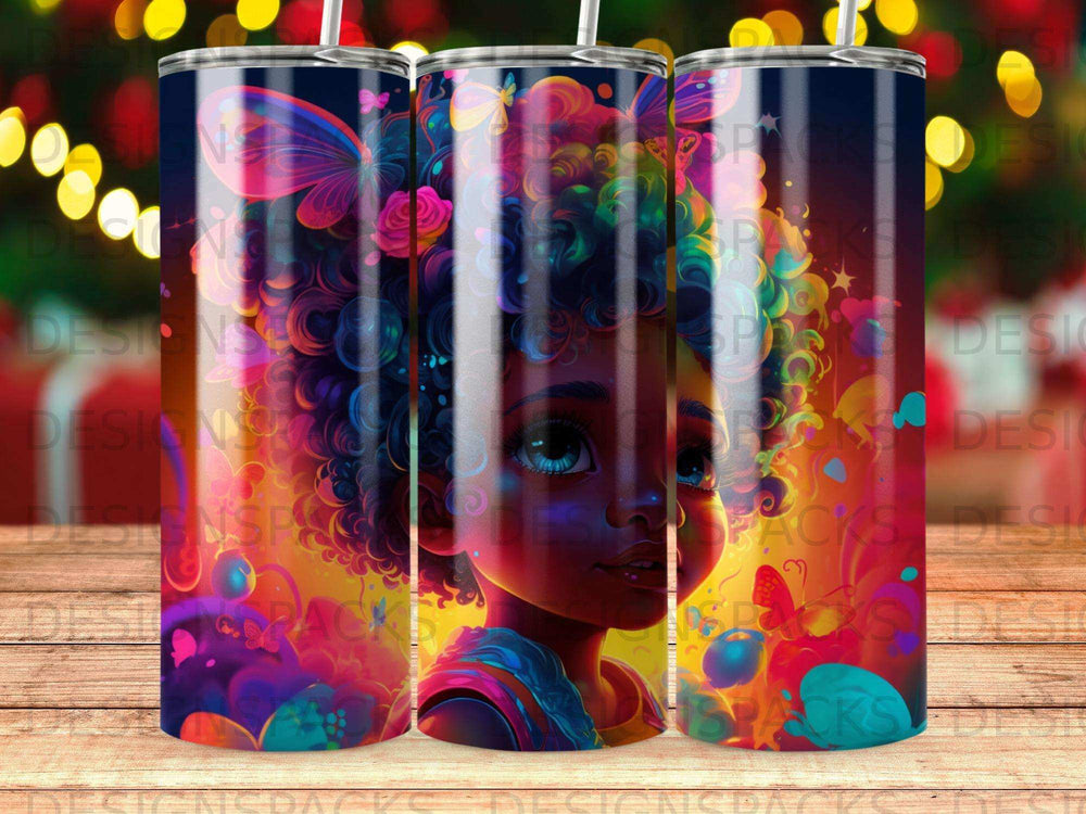 Child with colorful hair and butterfly design on a tumbler.