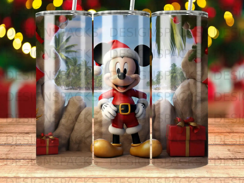Mickey Mouse in a Santa suit holding gifts, set against a tropical beach.