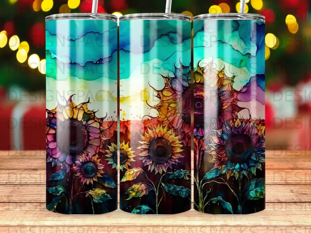 Three tumblers featuring vibrant sunflowers with a watercolor background.