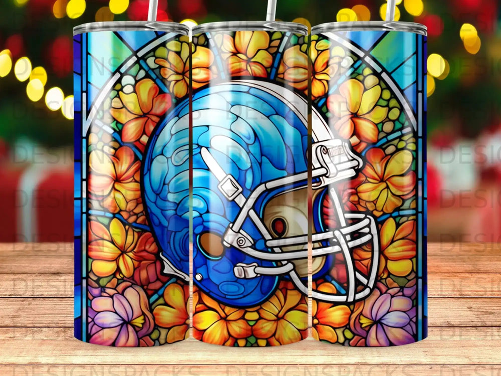 Blue football helmet against stained glass with floral and light accents.