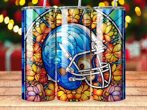 Blue football helmet against stained glass with floral and light accents.