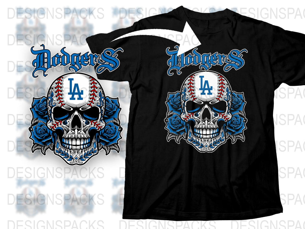 LA Dodgers Skull Graphic T-Shirt, Vintage Style Baseball Fan Apparel, Gothic Sports Tee