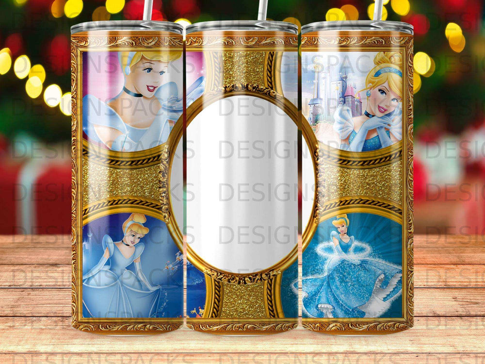 Cinderella on a tumbler with a gold frame and decorative patterns.