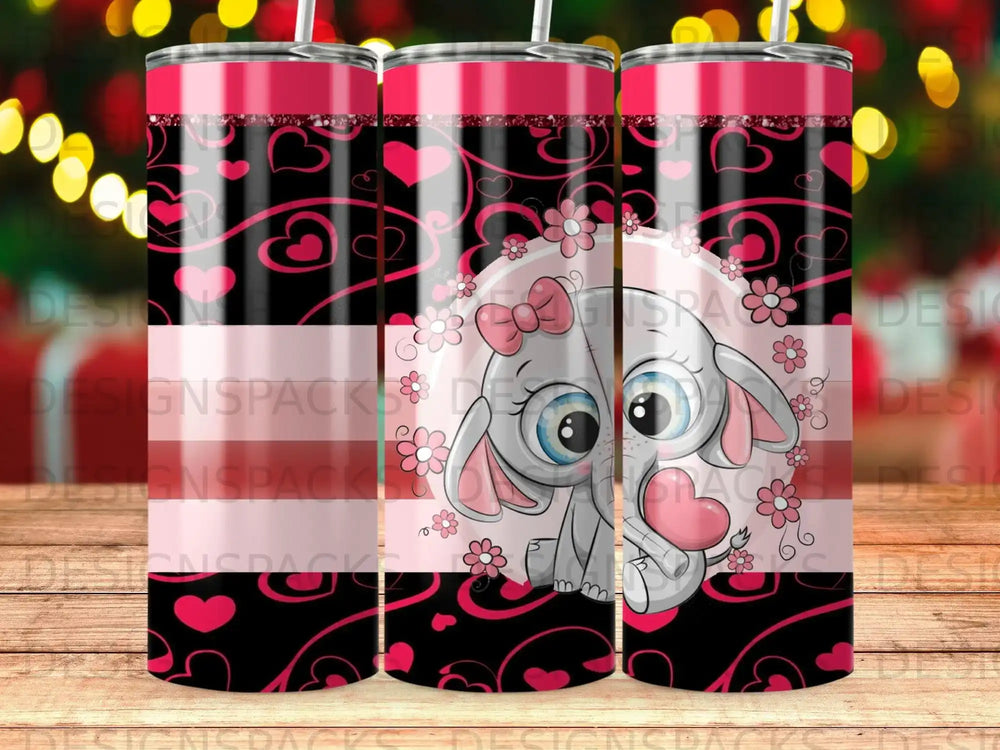 Pink elephant with hearts and flowers design on a tumbler.