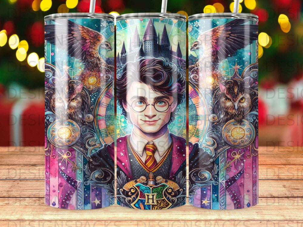 Harry Potter character portrait with owls and Hogwarts castle background.