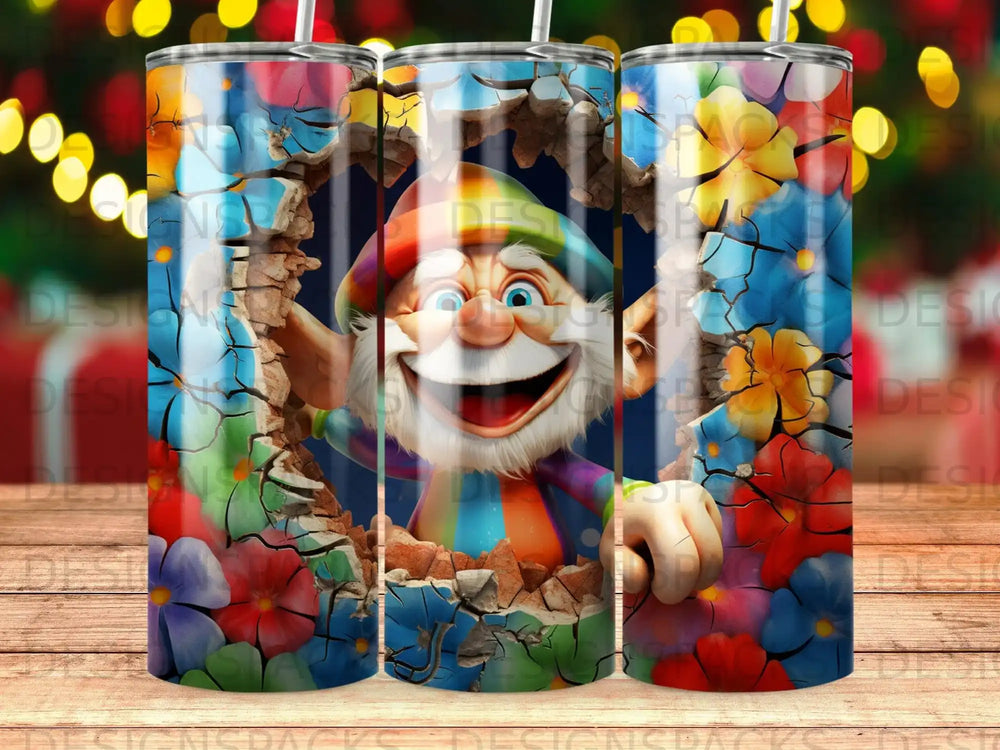 A smiling gnome with a rainbow shirt breaks through a floral background.
