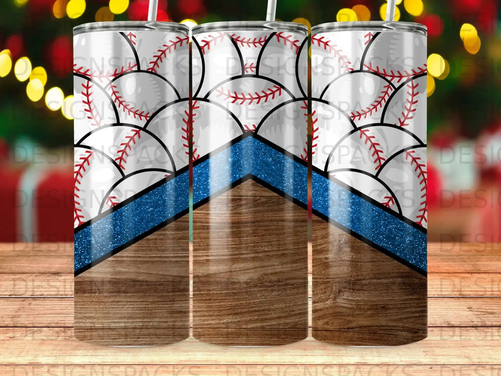 Tall tumbler with baseball stitching pattern and wood grain base.