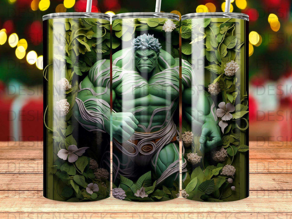Green Hulk character emerging from lush greenery and white flowers.