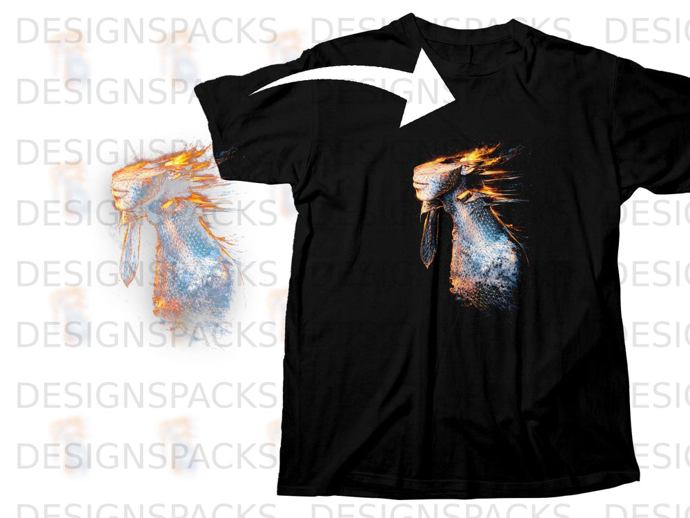 Black t-shirt with a graphic of a goat with fiery mane and glowing texture.