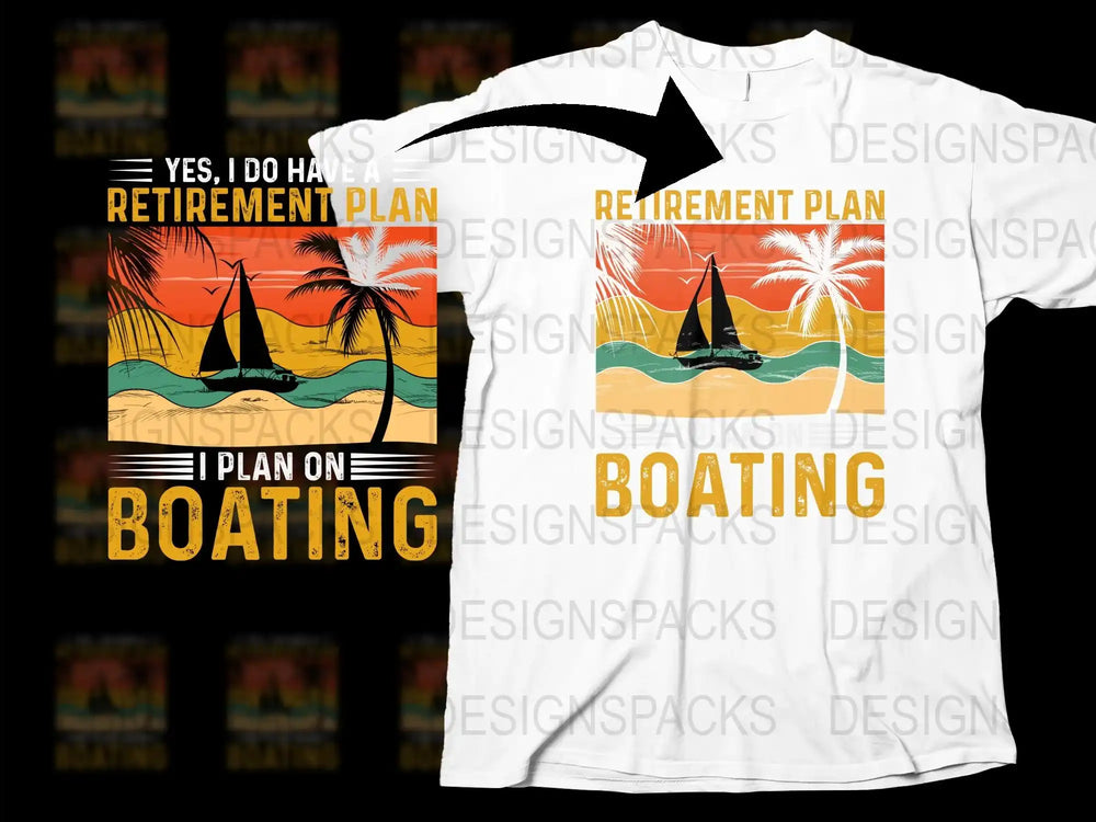 Retirement Plan Boating T-Shirt, Tropical Sunset Sailboat Graphic, Men's White Tee, Summer Beach Style Top, Gift for Sailors