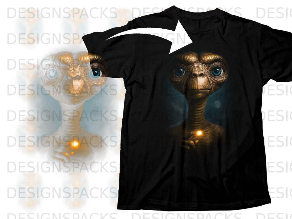 Black t-shirt featuring a close-up of ET's face and hand holding a glowing orb.