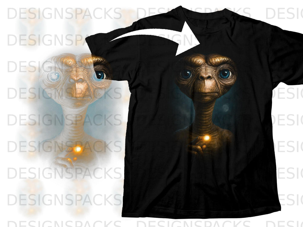 Black t-shirt featuring a close-up of ET's face and hand holding a glowing orb.