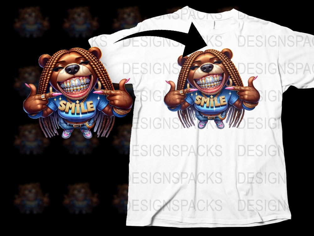 Cartoon Bear Smile Graphic T-Shirt, Funny Animal Face Tee, Hip Hop Style, Unisex White Shirt for All Ages