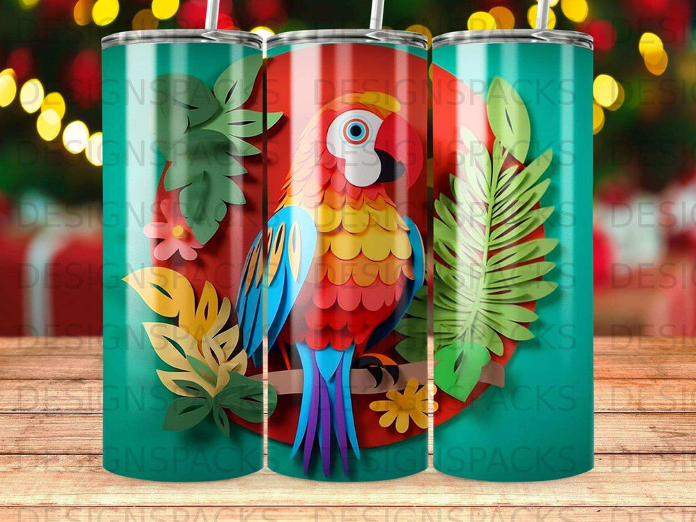 Colorful macaw perched on a branch with tropical leaves.