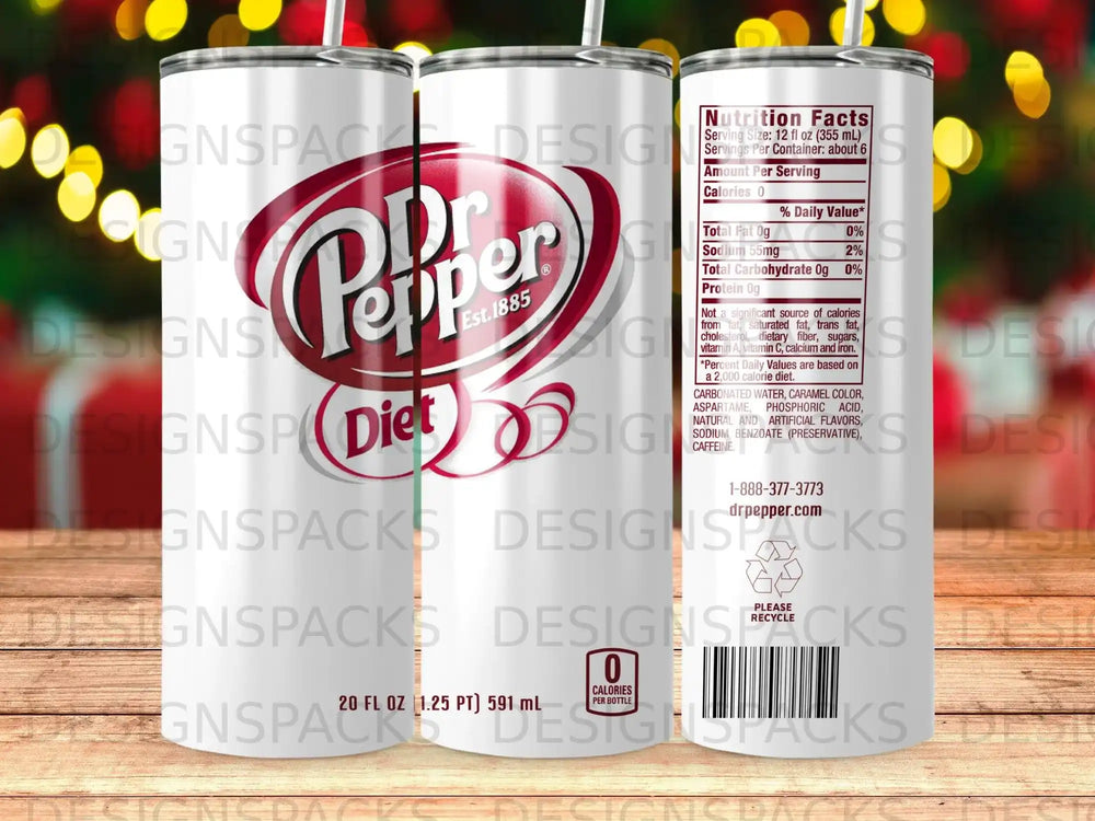 Dr Pepper Diet 20 fl oz tumbler with nutrition facts and branding.