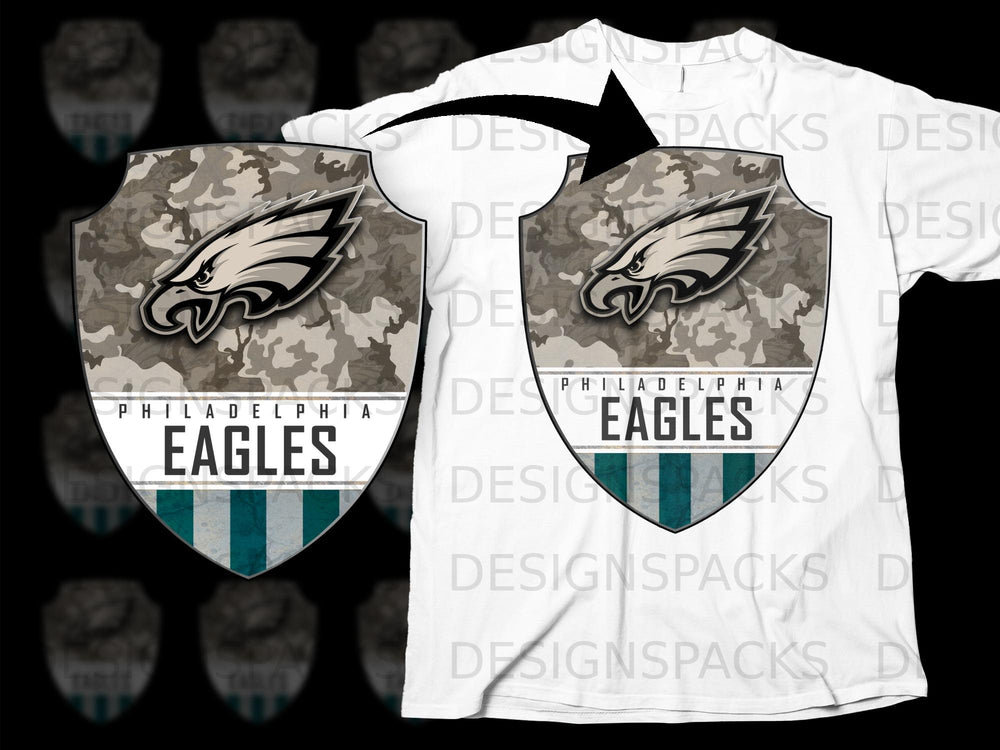 Philadelphia Eagles logo with camouflage pattern on a white t-shirt.